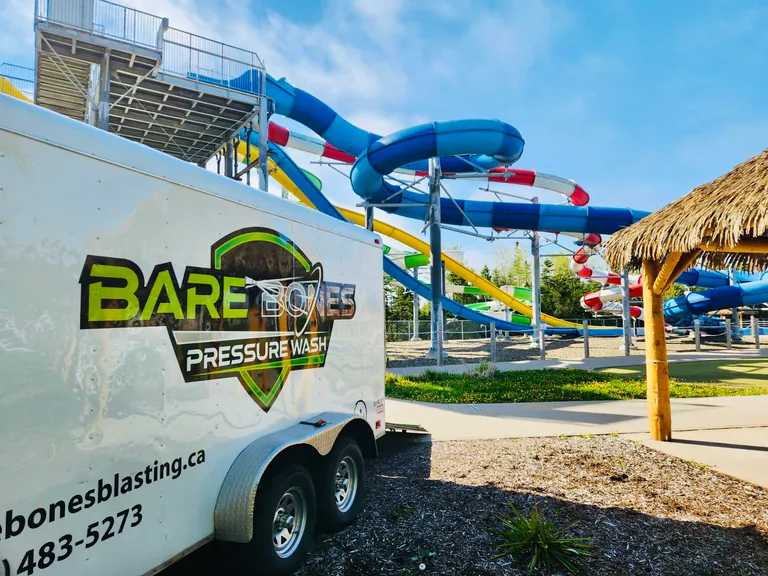 Bare Bones Pressure Wash service trailer beside the water slides at Atlantic Splash Adventure in Hammonds Plains