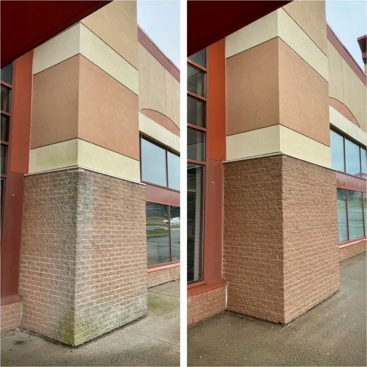 Commercial building exterior before and after cleaning