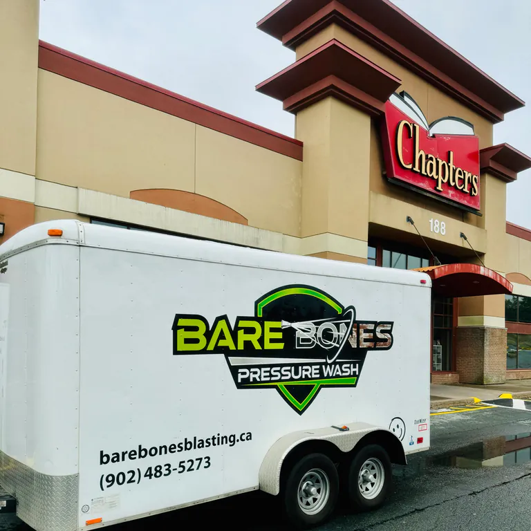 Bare Bones Pressure Wash service trailer outside Chapters bookstore