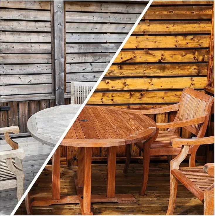 Deck boards and fence panels before and after cleaning