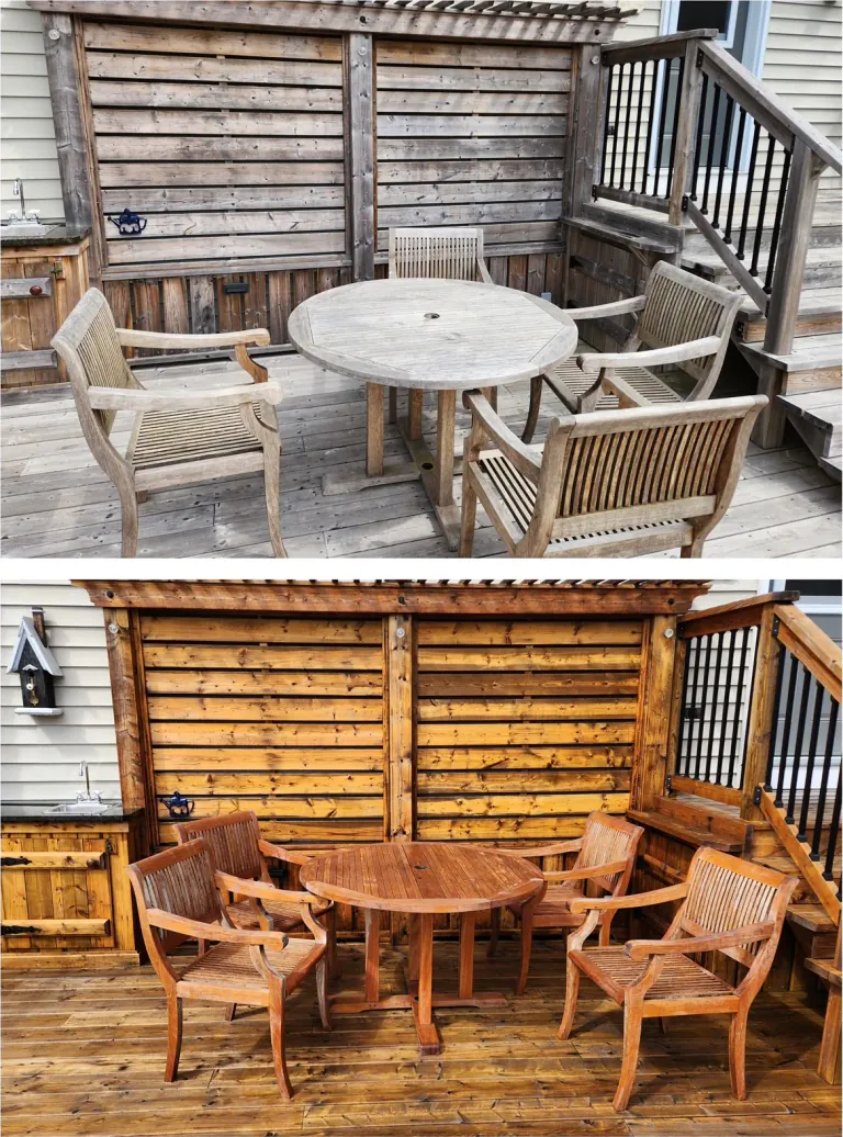 Wood deck, privacy screen, and outdoor furniture before and after professional cleaning