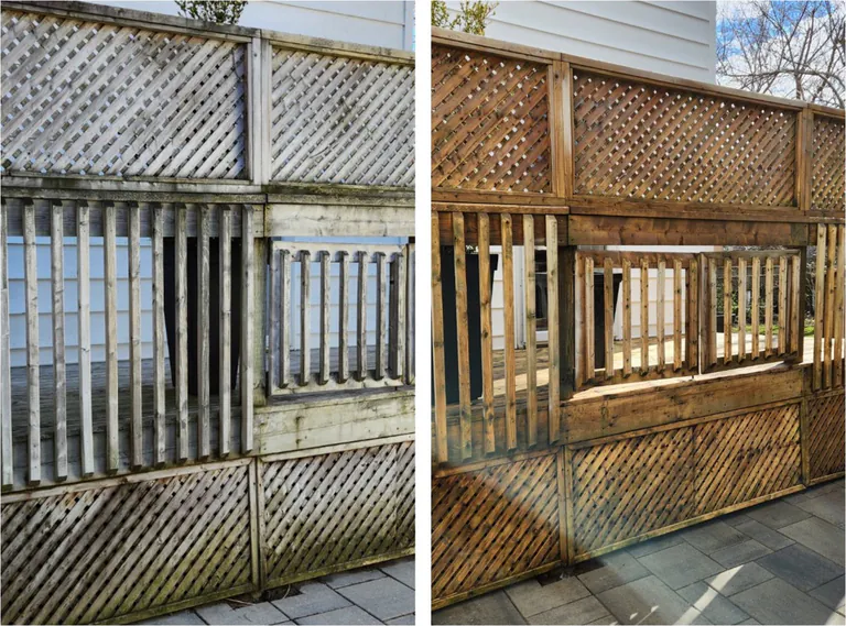 Wood privacy screen and fence before and after professional cleaning