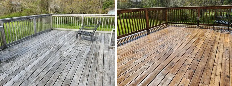 Large weathered grey deck before cleaning and the same deck with warm refreshed wood after cleaning