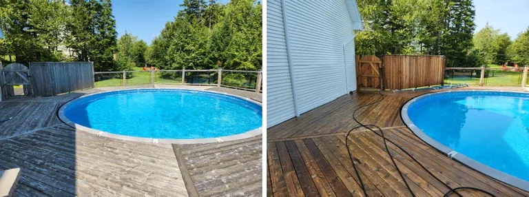 Grey poolside deck before cleaning and the same poolside wood refreshed after cleaning