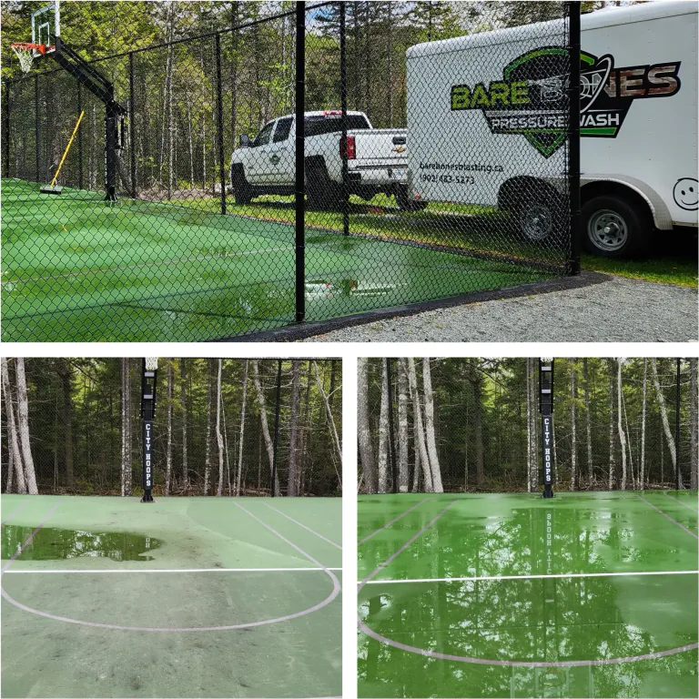 Private basketball court and Bare Bones service vehicles with before-and-after court views
