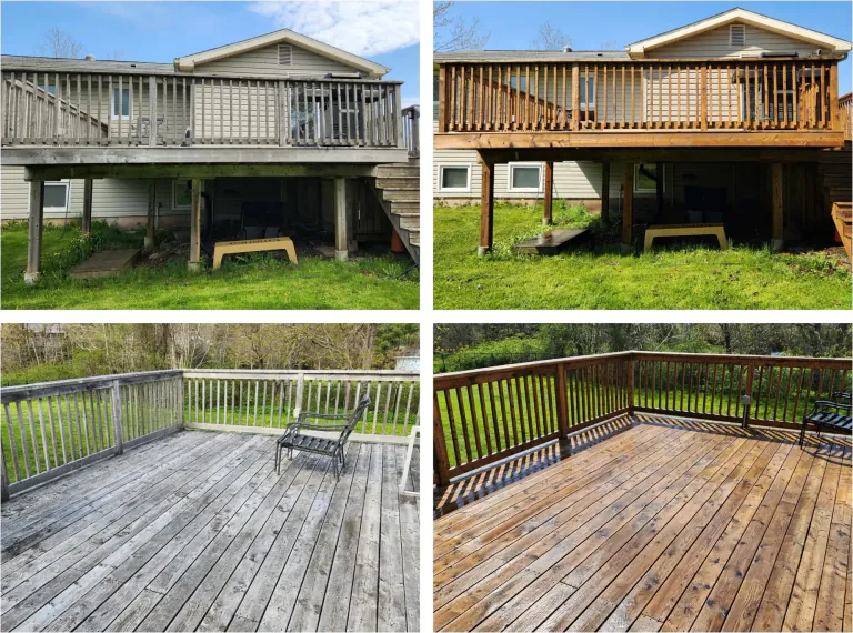 Large residential wood deck before and after pressure washing