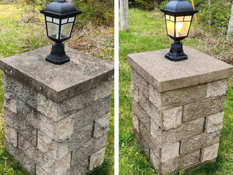 Stone entrance pillar and outdoor lantern before and after cleaning