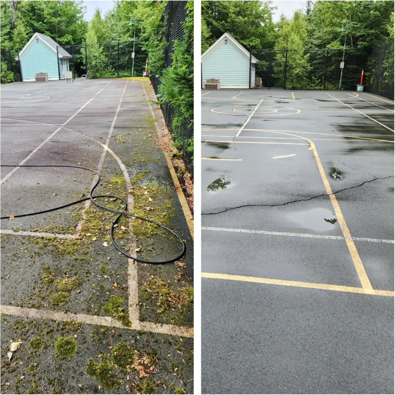 Moss-covered private tennis court before and after pressure washing