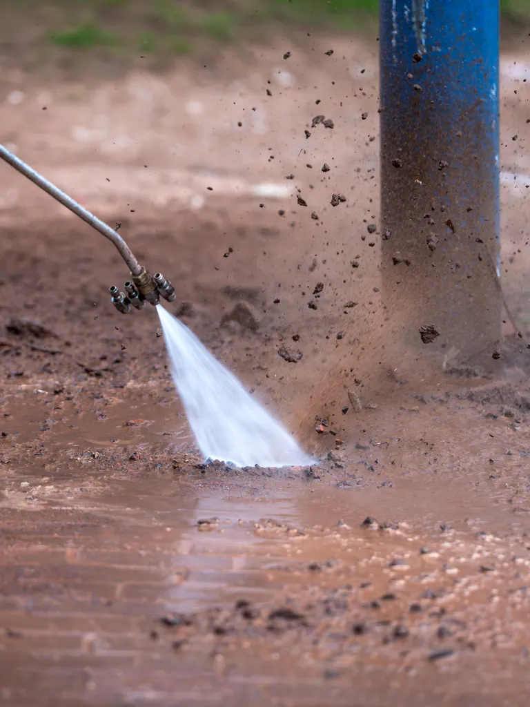 Pressure washer spray striking muddy ground and sending dirt into the air