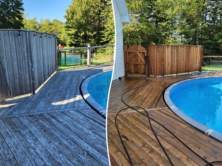 Poolside wood deck and fence before and after professional cleaning