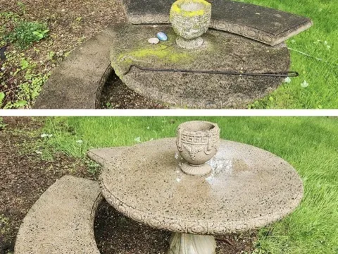 Concrete garden table, benches, and ornament before and after cleaning