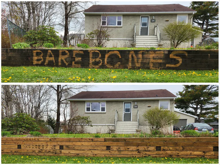 Residential timber retaining wall before and after Bare Bones Pressure Wash removed the dark buildup and lettering