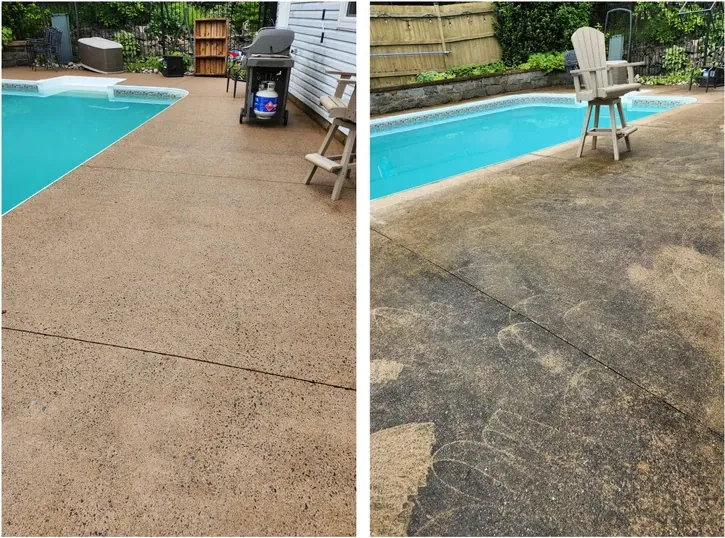 Pool deck before and after professional cleaning