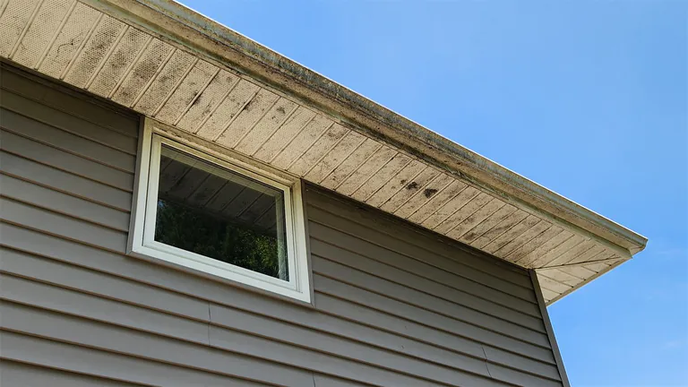 Soffits and roofline with organic buildup before cleaning